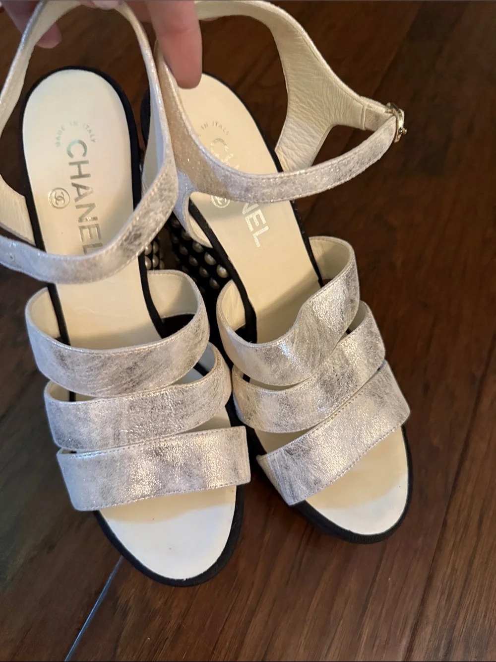 CHANEL Black Pearl-Trimmed Strappy Heel Sandals